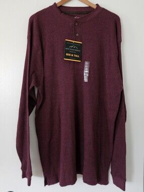 Mountain Ridge Mens Shirt Thermal Henley 2XLT Maroon Preppy Waffle Knit Rugged
